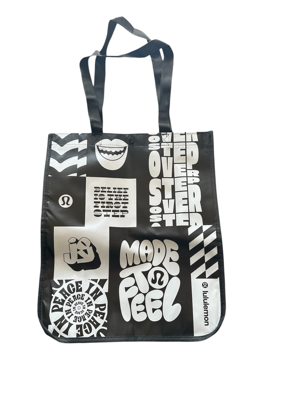 Lululemon Athletica Black and White Reusable “Made to Feel” Tote Bag 14x16